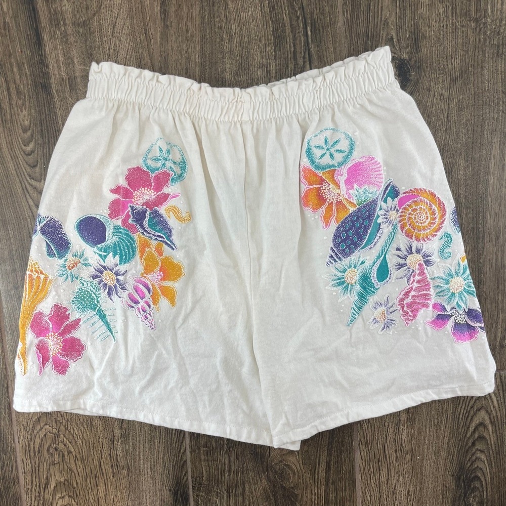 90s White Beach Shorts L Tropical Shell Flower Print Elastic Waist Sunlover Vtg